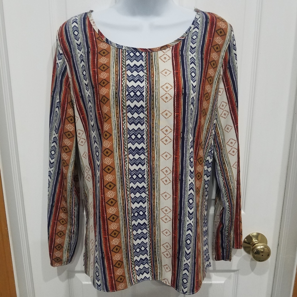 Moa Moa Orange and Blue Relaxed 3/4 Sleeve Blouse